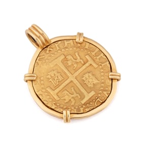 PERUVIAN 8 ESCUDOS GOLD COIN SET IN 18K BEZEL