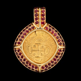 SPANISH 1612 FELIPE III COIN & RUBY 18K YG PENDANT