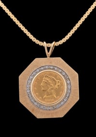 FIVE DOLLAR U.S. GOLD COIN W/DIAMOND BEZEL & CHAIN