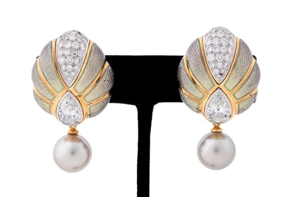 DE VROOMEN DIAMOND & PEARL DROP 18K YG EARRINGS