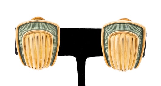 DE VROOMEN 18K YG & GREEN ENAMEL EARRINGS