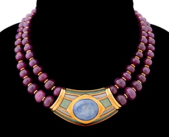 DE VROOMEN SAPPHIRE, RUBY & ENAMEL 18K NECKLACE