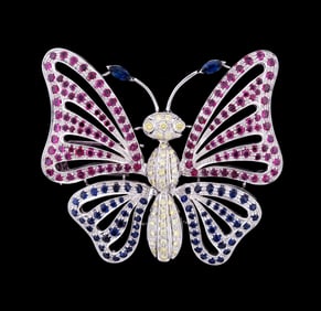 DIAMOND, SAPPHIRE & RUBY 18K BUTTERFLY PIN