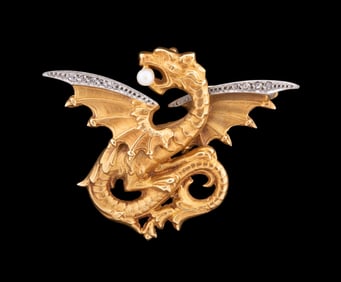 ANTIQUE FRENCH DIAMOND, PEARL & 18K YG DRAGON