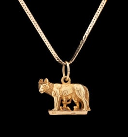 18K YG 'CAPITOLINE WOLF' PENDANT & 14K YG CHAIN