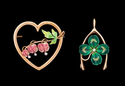 2 KREMENTZ & CO. ENAMEL & SEED PEARL 14K PINS