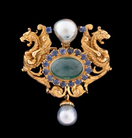 PEARL, SAPPHIRE & EMERALD DOUBLE GRIFFIN BROOCH