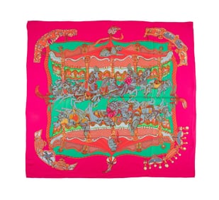 HERMES 'TOURNEZ MANEGE' CIRCUS MOTIF SILK SCARF