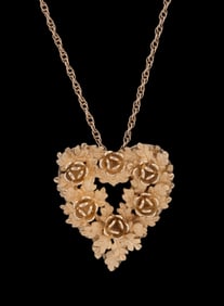 VINTAGE FLORAL HEART PENDANT & CHAIN, 14K YG