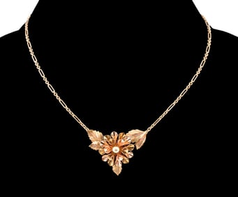 FLORAL MOTIF NECKLACE, TWO-TONE 14K YG & ROSE GOLD