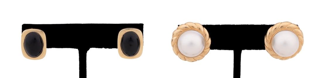 TWO PAIRS OF CHUNKY MABE PEARL & ONYX EARRINGS (1 of 7)