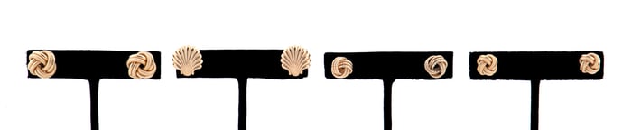 FOUR PAIRS OF 14K YG KNOT & SHELL MOTIF EARRINGS