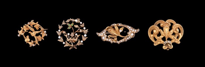 FOUR SEED PEARL & GEMSTONE 14K YG PINS