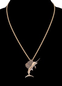 SAILFISH 14K PENDANT & 18K YG ROPE CHAIN NECKLACE