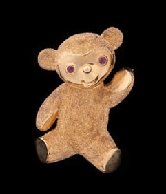 DAN FRERE, 1960S, RUBY 14K TEDDY BEAR PIN