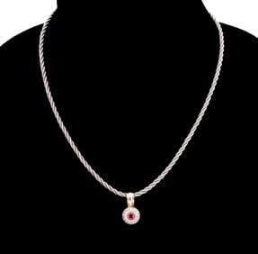 TWO TONE RUBY & DIAMOND 14K PENDANT W/ CHAIN