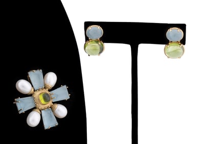 MAZ PEARL & PERIDOT 18K PIN & EARRING SET