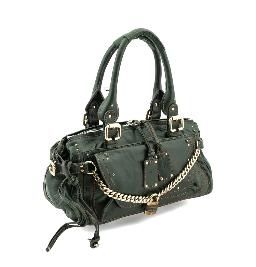 CHLOE DARK GREEN LEATHER PADDINGTON CHAIN BAG: Chloe (French, founded 1952). Dark green leather Paddington satchel with silver toned hardware, double zip top closure, front chain lock, brown cotton lining, and expandable side straps with buckles.
