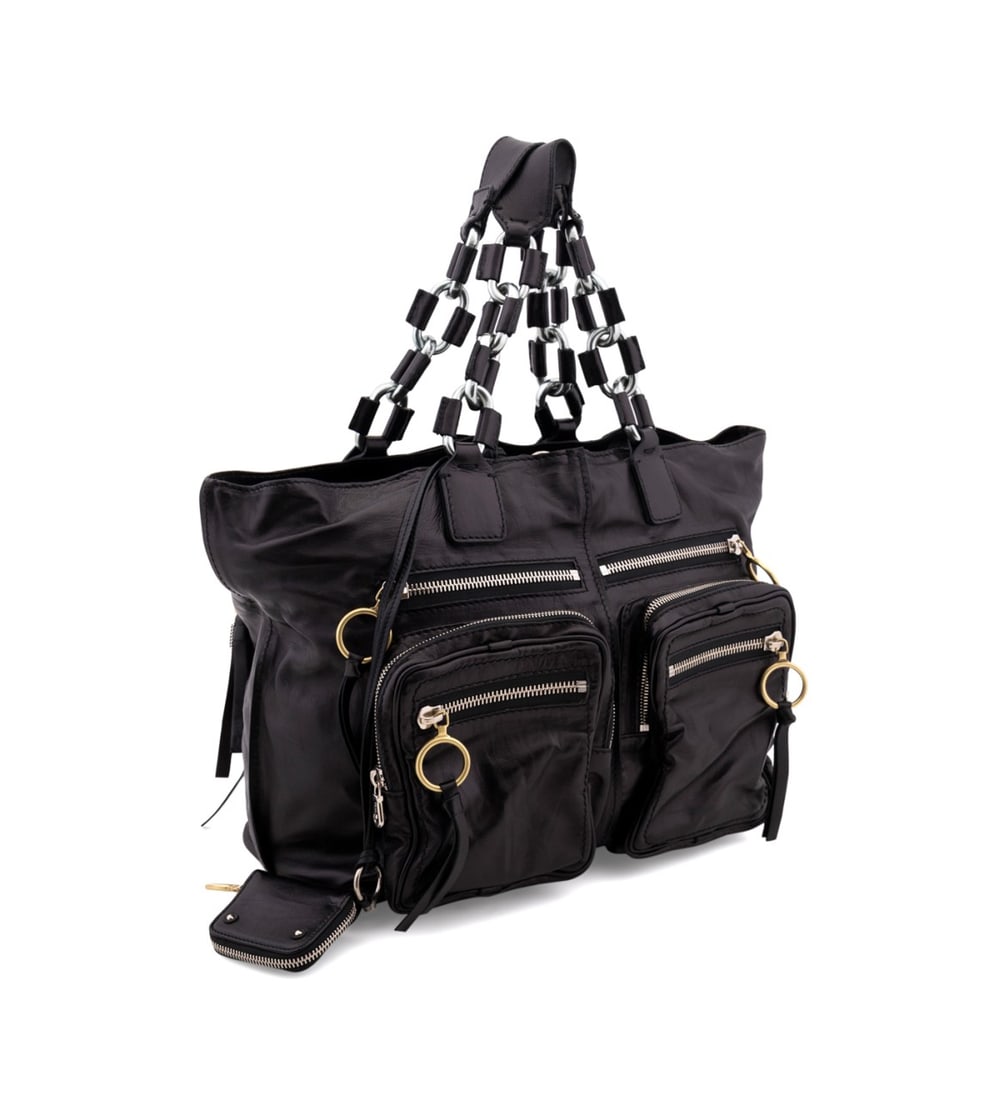 CHLOE LEATHER BETTY CHAIN STRAP SATCHEL: Chloe (French, founded 1952). Black leather Betty satchel with chain strap, numerous pockets, mixed metal gold and silver toned hardware, cotton lining, and zip top closure. Accompanied by removable k