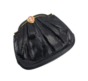 JUDITH LEIBER, CAMEO CLASP BLACK SNAKESKIN CLUTCH