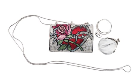 JUDITH LEIBER, FLORAL & HEART CRYSTAL MINAUDIERE