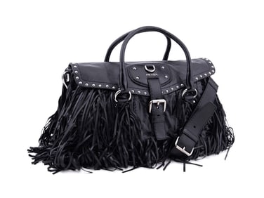 PRADA BLACK VITELLO SHINE LEATHER FRINGE FLAP BAG