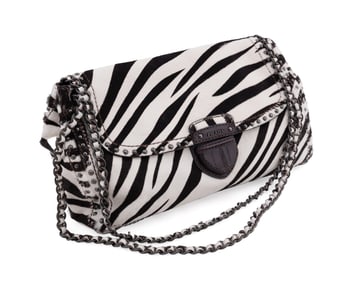 PRADA ZEBRA PRINT CALF FUR STUDDED FLAP CHAIN BAG