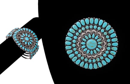 DINE NAVAJO TURQUOISE STERLING CUFF & BROOCH