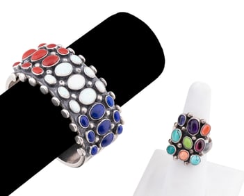 NAVAJO MULTI STONE ENCRUSTED STERLING CUFF & RING