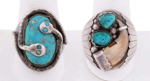 2 NATIVE AMERICAN MENS TURQUOISE & STERLING RINGS