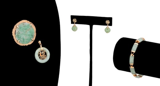 5 PIECES OF GREEN JADE & 14K YELLOW JEWELRY