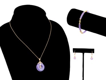 4 PIECES OF VIOLET JADE & 14K YELLOW JEWELRY