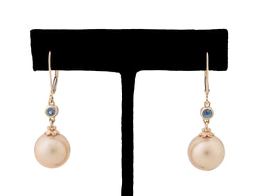 GOLDEN PEARL & BLUE TOPAZ 14K EARRINGS