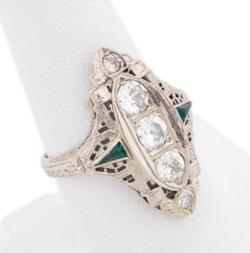 ART DECO DIAMOND AND SYNTHETIC EMERALD 14K FILIGREE