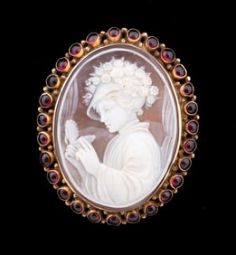 14K GOLD, PINK TOURMALINE & SHELL CAMEO BROOCH
