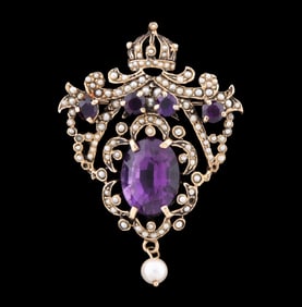 VICTORIAN 14K, AMETHYST & SEED PEARL SHIELD BROOCH