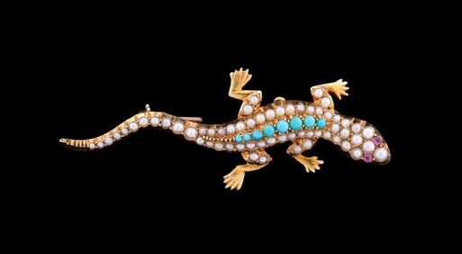 ANTIQUE PEARL & TURQUOISE SALAMANDER PIN / PENDANT