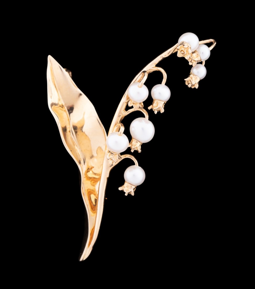 PEARL 'LILY OF THE VALLEY' FLORAL 14K YG PIN (1 of 5)