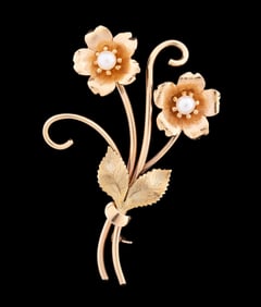 VINTAGE PEARL 14K YELLOW GOLD FLORAL PIN