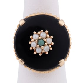 BLACK ONYX, TURQUOISE, SEED PEARL 14K RING