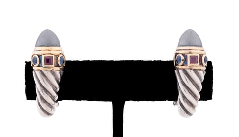 MULTI GEMSTONES ROPE MOTIF SILVER & YG EARRINGS