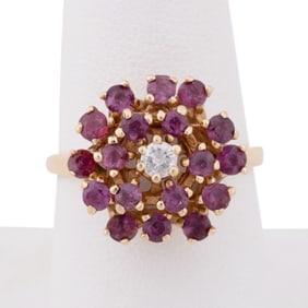 RUBY & DIAMOND CLUSTER COCKTAIL RING SET IN 14K YG