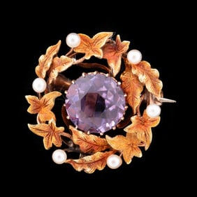 14K GOLD, AMETHYST & SEED PEARL PENDANT BROOCH