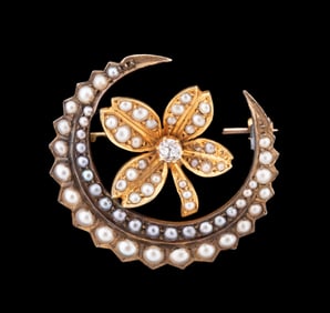 VICTORIAN 14K GOLD & SEED PEARL CRESCENT PIN