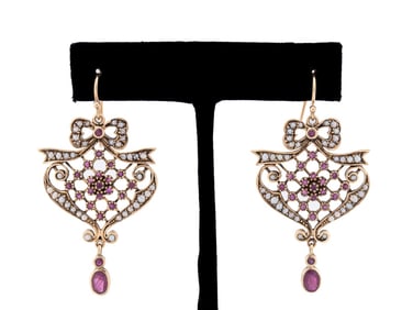 VICTORIAN 14K GOLD, RUBY & SEED PEARL EARRINGS