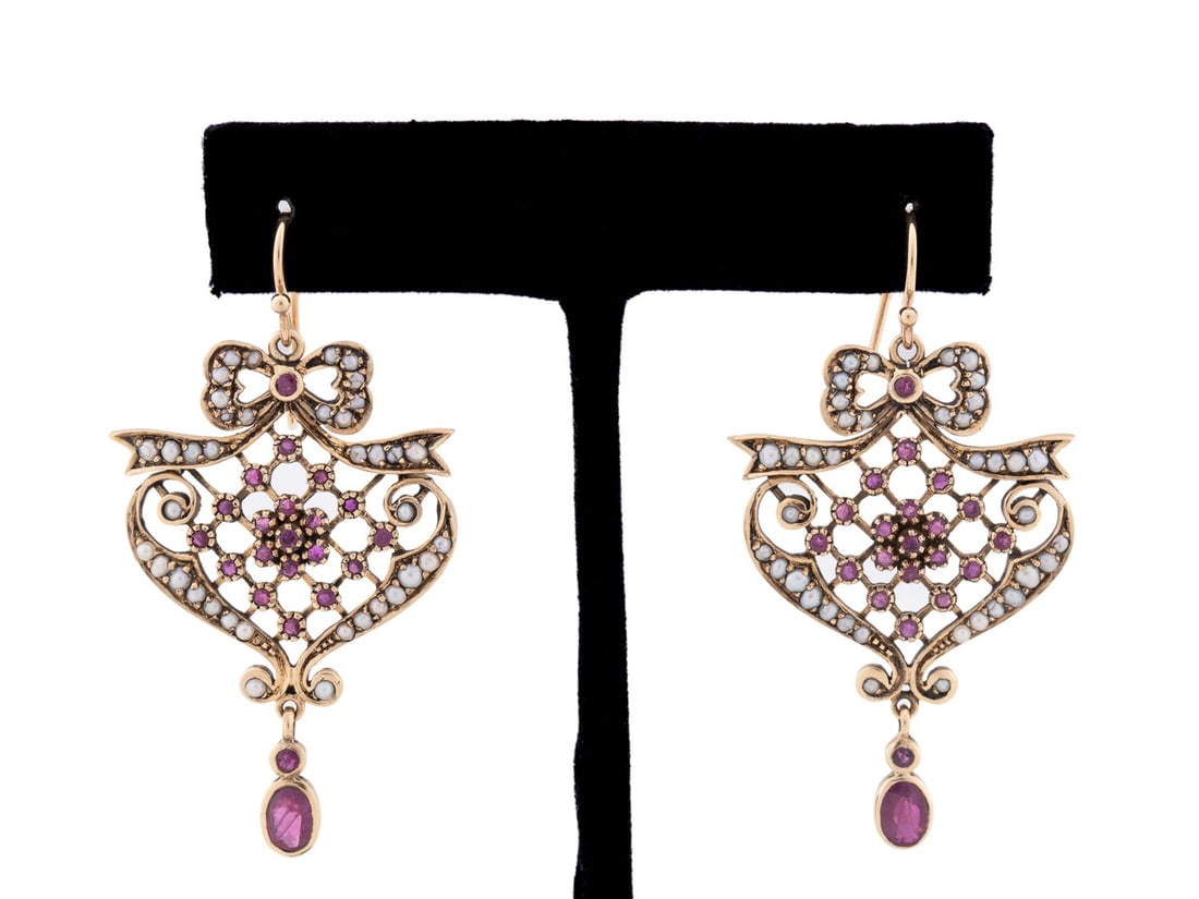 VICTORIAN 14K GOLD, RUBY & SEED PEARL EARRINGS (1 of 5)