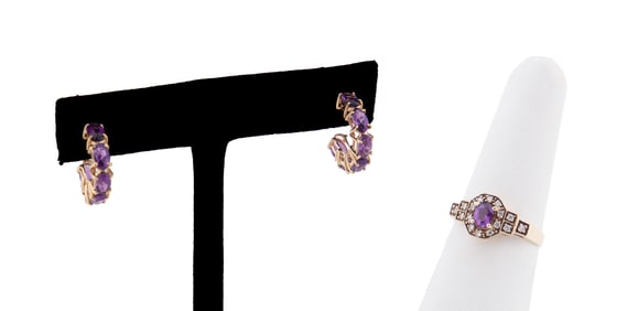 EARRING & RING SET, AMETHYST, DIAMOND AND YG