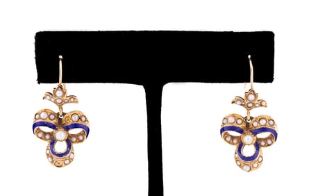 ENAMEL & PEARL BAROQUE STYLE BOW DANGLE EARRINGS
