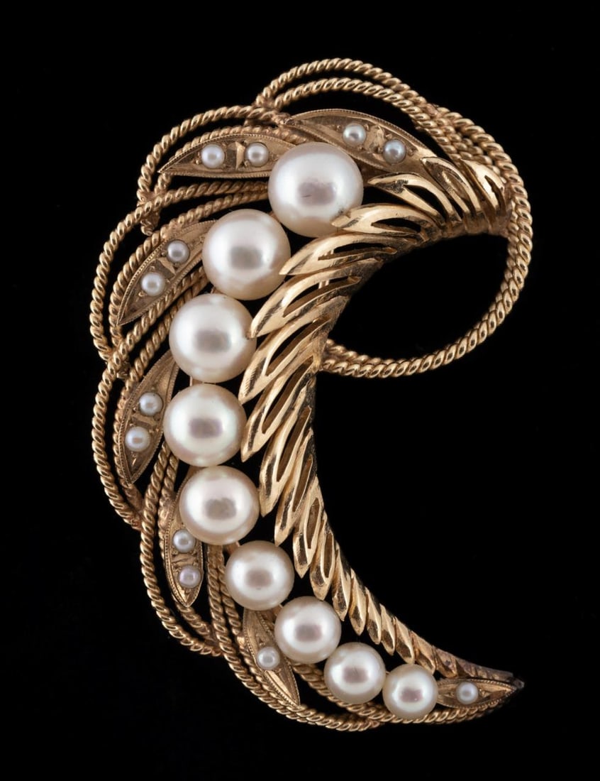 GUMP'S PEARL FEATHER 14K YELLOW GOLD BROOCH (1 of 5)