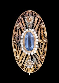 VICTORIAN 14K, BLUE TOPAZ & SEED PEARL BROOCH